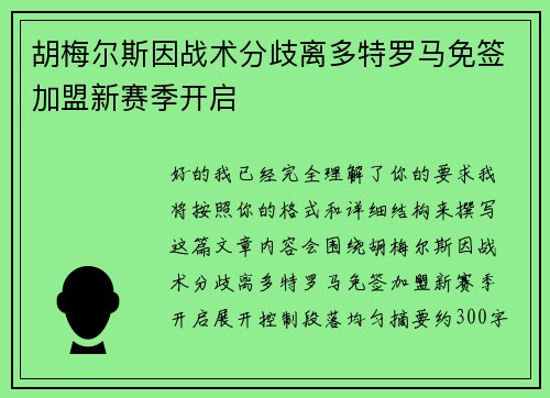 胡梅尔斯因战术分歧离多特罗马免签加盟新赛季开启